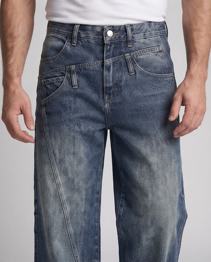 Herren Extraweite Denim-Palazzo-Jeans mit Paneelnähten und verwaschener Used-Optik Echo Archiv