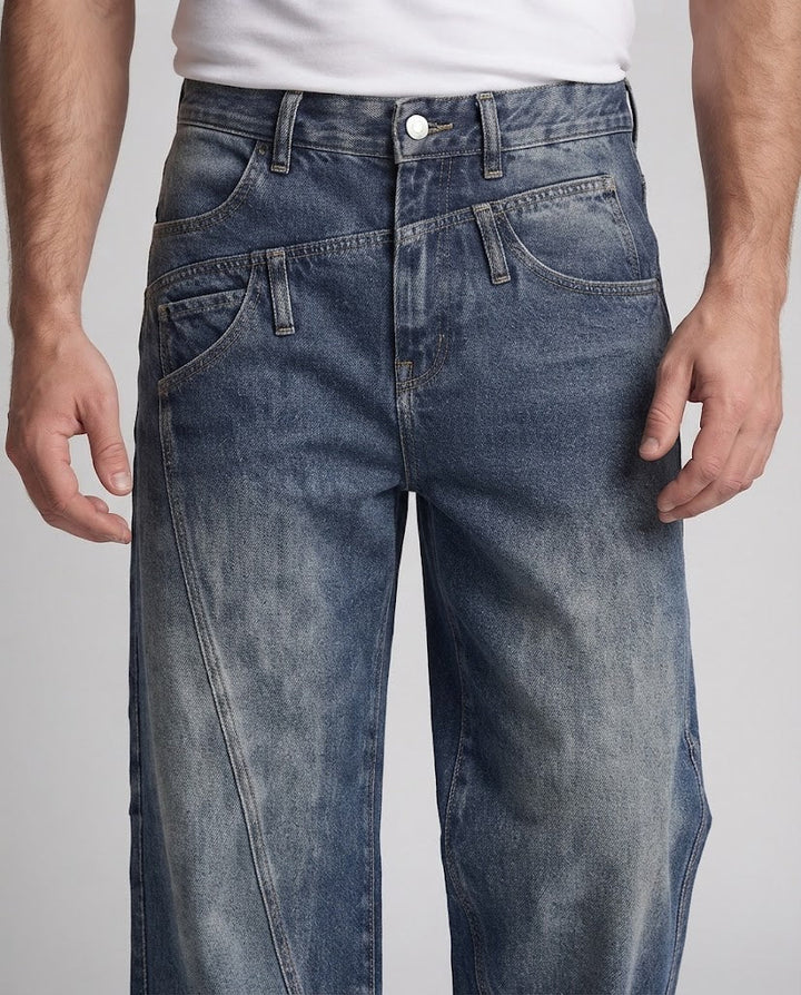 Herren Extraweite Denim-Palazzo-Jeans mit Paneelnähten und verwaschener Used-Optik Echo Archiv