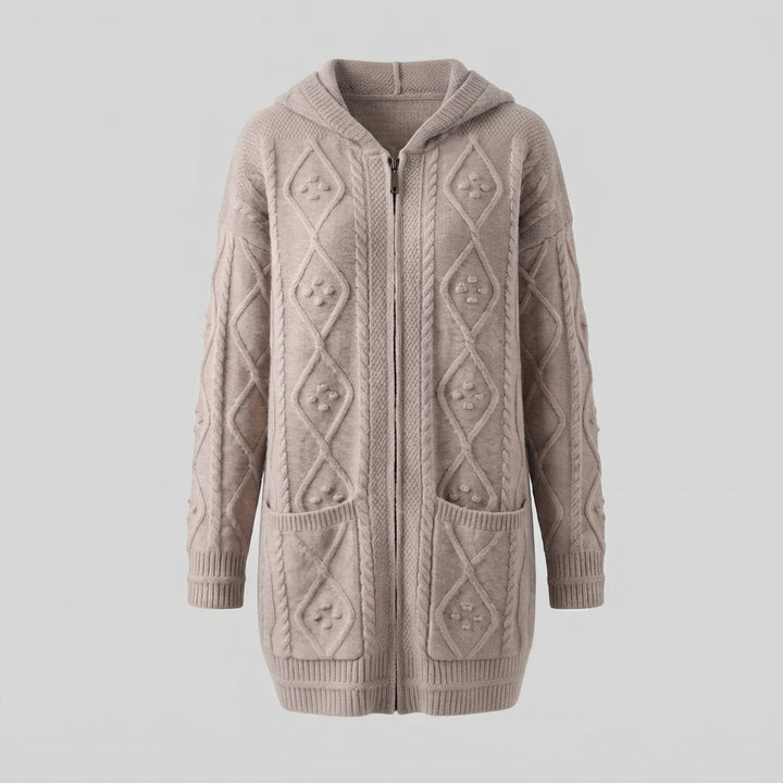 Damen Kapuzen-Longcardigan aus weichem Wollmix mit Zopfmuster, Reißverschluss und Eingrifftaschen Echoarchiv