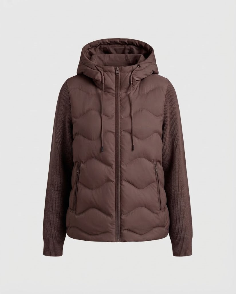 Damen Hybrid-Steppjacke mit Kapuze, gesteppter Thermofront & Strickärmeln Echo Archiv
