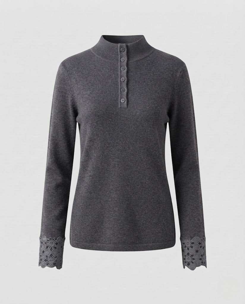 Damen Feiner Stehkragenpullover mit dekorativer Knopfleiste und Spitzenmanschetten Echoarchiv