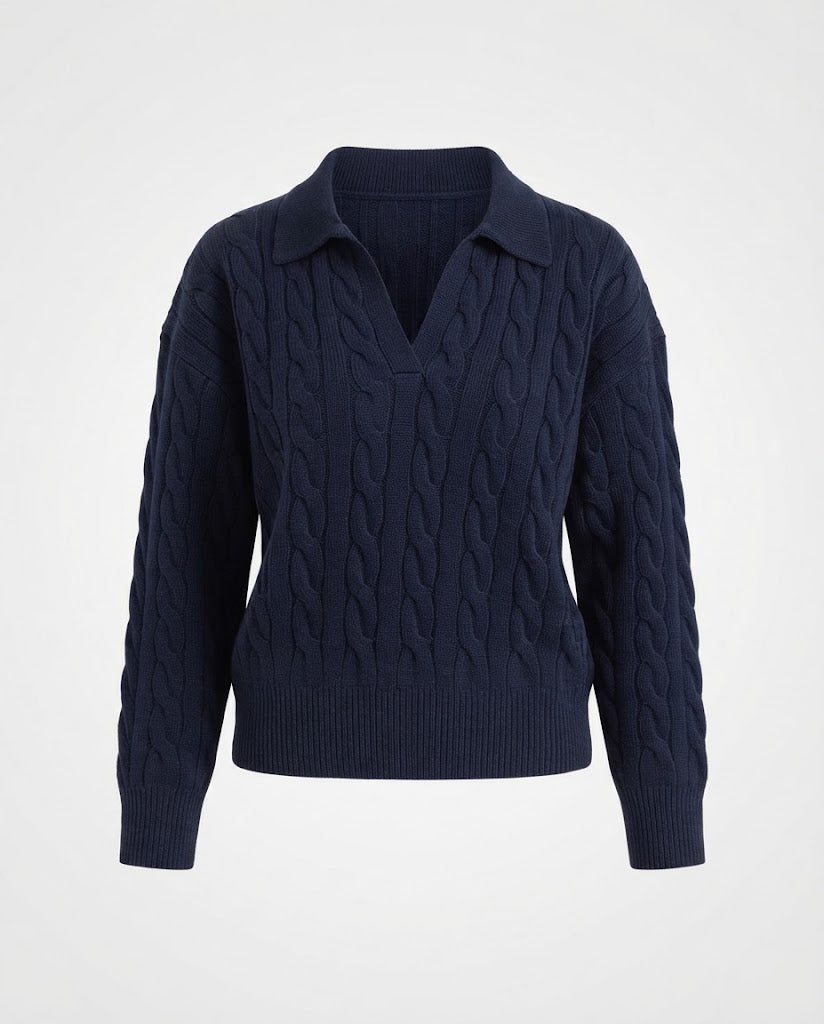 Damen Grobgestrickter Zopfmuster-Pullover mit Polokragen und tiefem V-Ausschnitt Echo Archiv