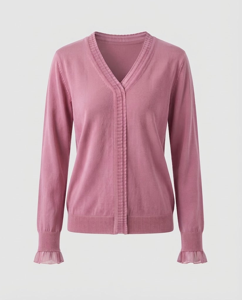 Damen Feiner V‑Ausschnitt-Feinstrickpullover mit plisseeverzierten Kanten und fließender Silhouette Echoarchiv