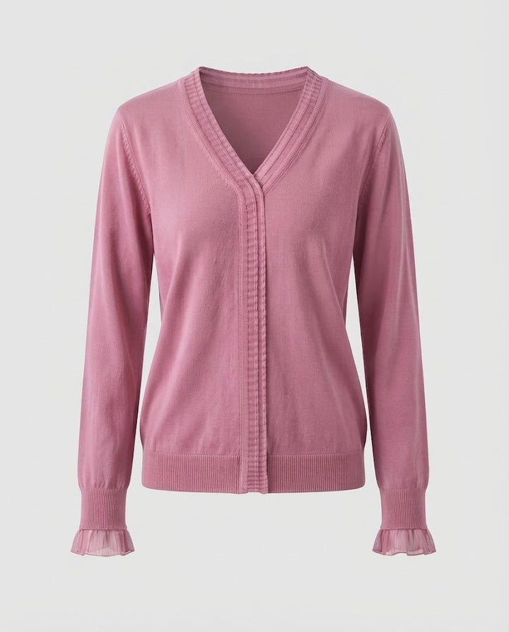 Damen Feiner V‑Ausschnitt-Feinstrickpullover mit plisseeverzierten Kanten und fließender Silhouette Echoarchiv