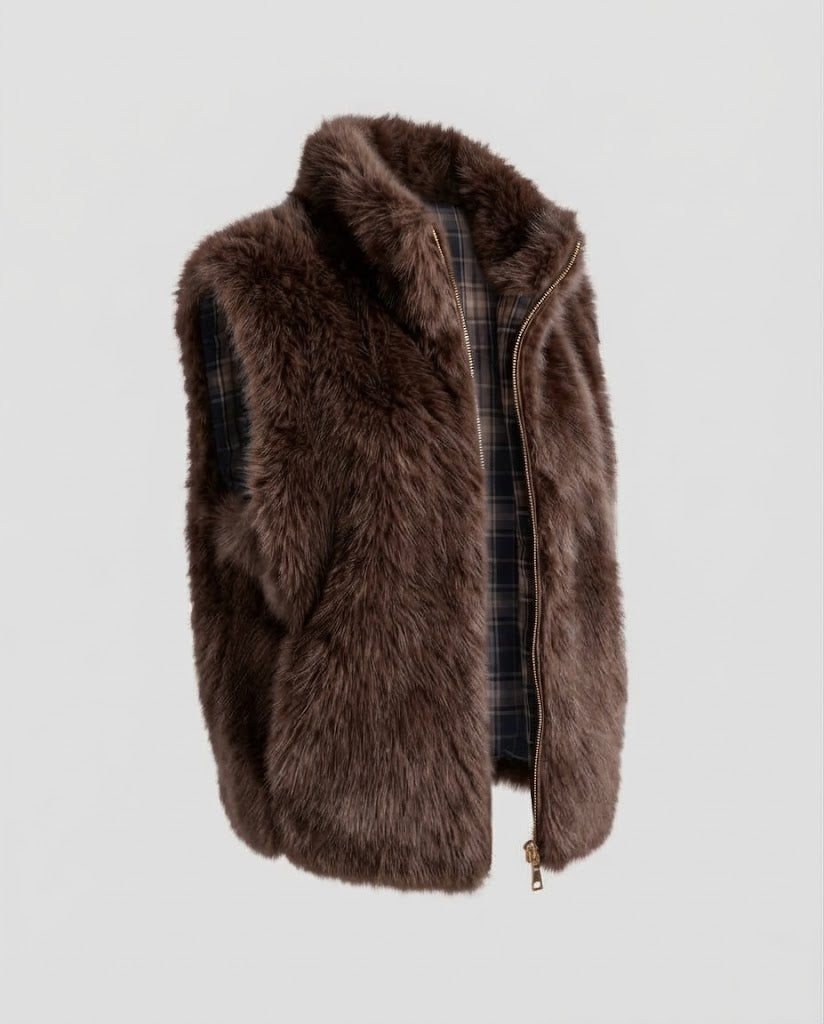 Damen Ärmellose Luxus‑Fauxfur‑Weste mit extra voluminösem Schalkragen und verdecktem Reißverschluss Echo Archiv