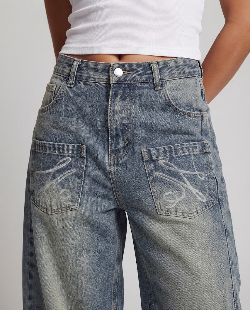 Damen Balloon-Baggy-Denim-Hose im Palazzoschnitt mit tiefem Schritt und aufgesetzten Fronttaschen Echo Archiv