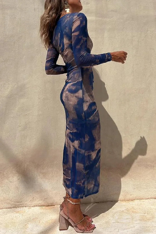 Echoarchiv | Charm Lady Mesh Overlay Tie Dye Print Langarm Rüsch Stretch Midi Kleid