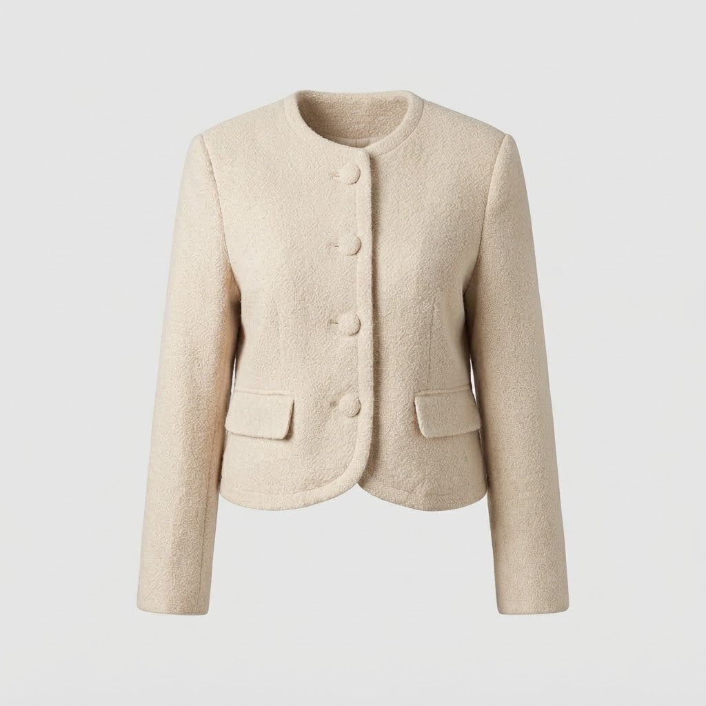 Damen Kurzjacke im Bouclé-Look mit rundem Ausschnitt und Zierknopfleiste Echo Archiv