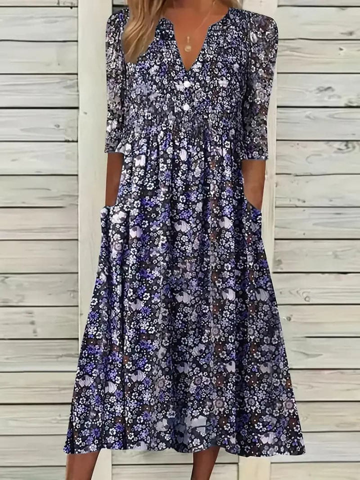 Echoarchiv | Midikleid A-Linie Passform V-Ausschnitt 3/4 Ärmel Blumenmuster