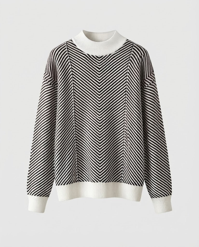 Damen Feinstrick-Pullover mit Chevron-Streifen und leichtem Mockneck Echoarchiv
