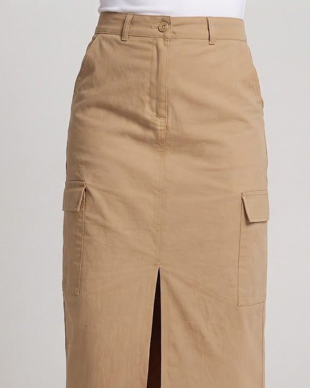 Damen Hochtaillierter Cargo‑Midirock mit Frontschlitz und Aufgesetzten Taschen Echo Archiv