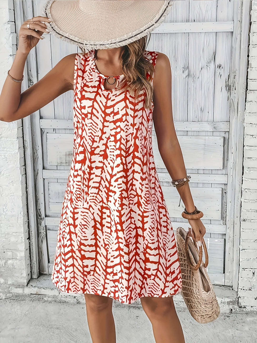 Echoarchiv | Sommerkleid mit Print Ohne Ärmel, V-Ausschnitt, A-Linie, Leicht und Elegant
