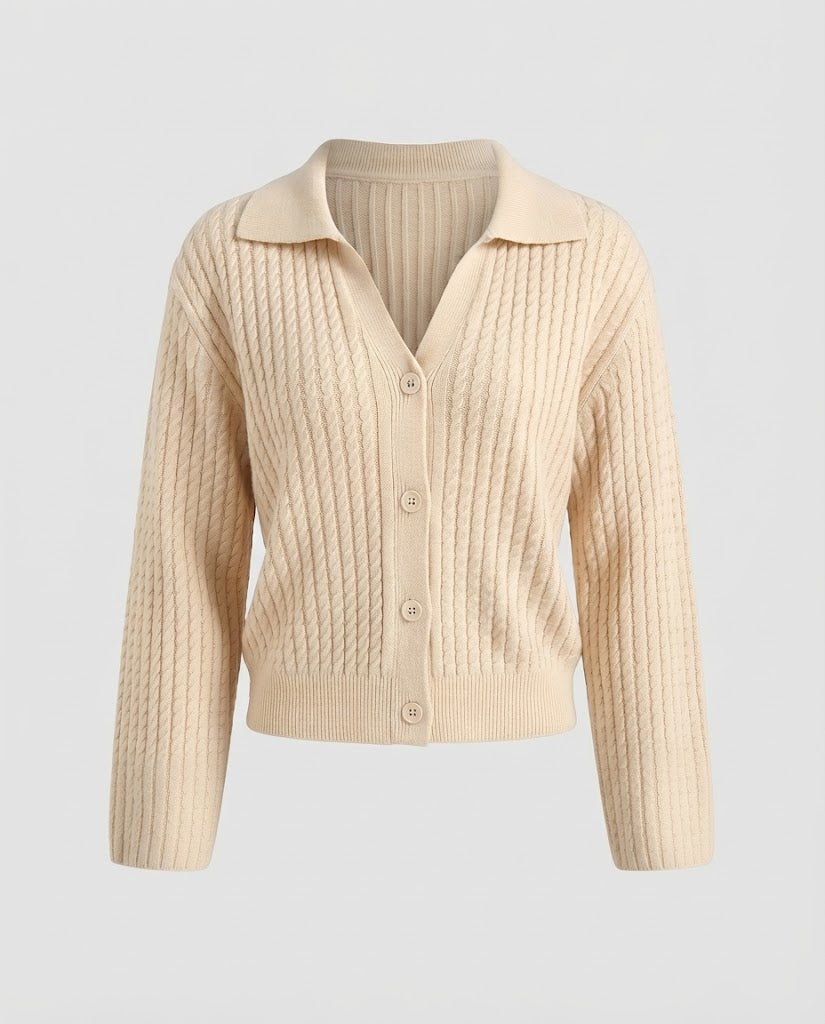 Damen Cropped Zopfstrick-Cardigan mit Hemdkragen und Ballonärmeln Echoarchiv
