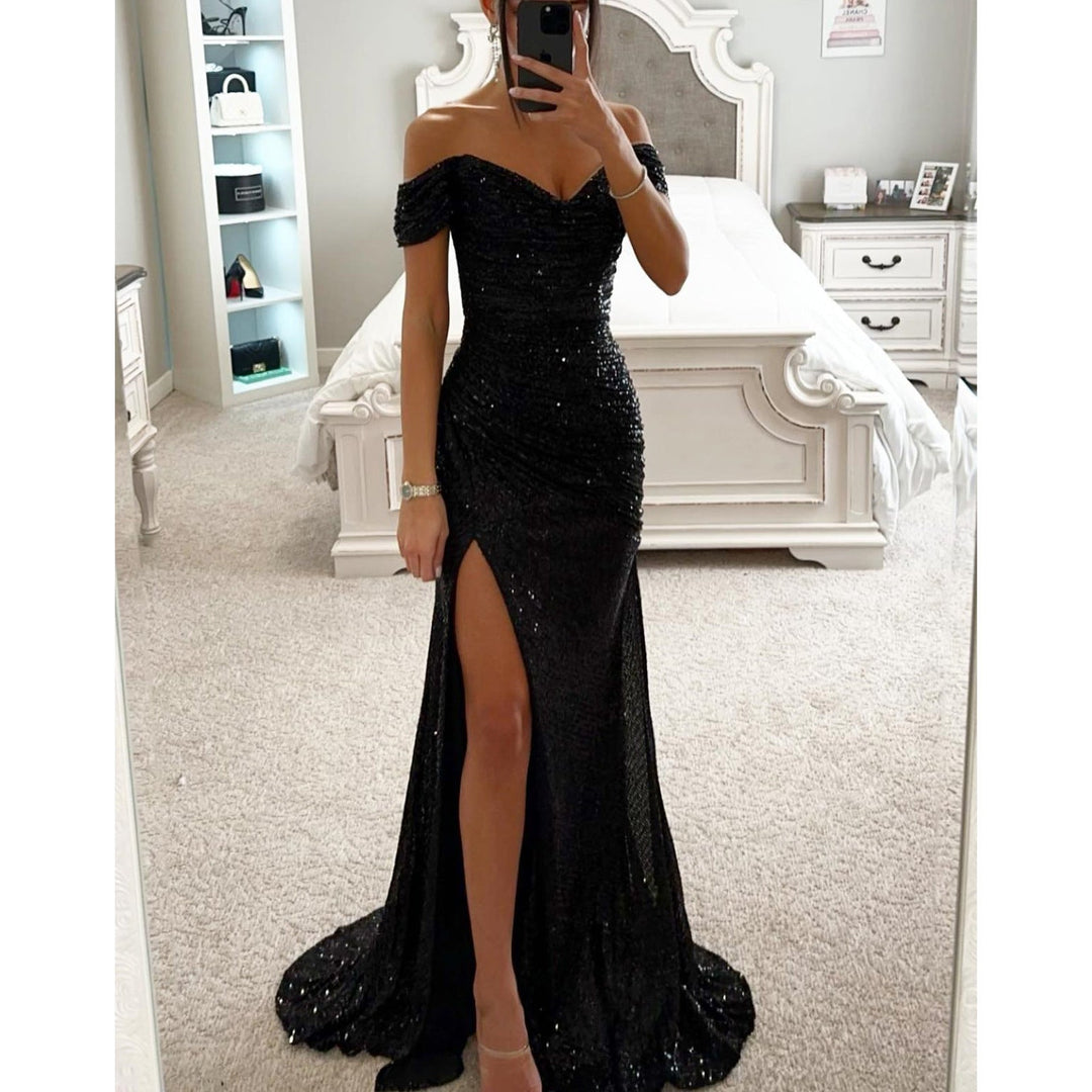 Glitzerndes Damen Abendkleid Schulterfreies Maxikleid mit Schlitz für Hochzeit & Fest – Valéora