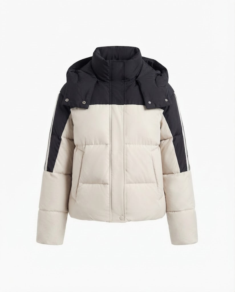 Damen kurze zweifarbige gesteppte Kurzjacke mit abnehmbarem Kragenbesatz und sportlichen Ärmelstreifen