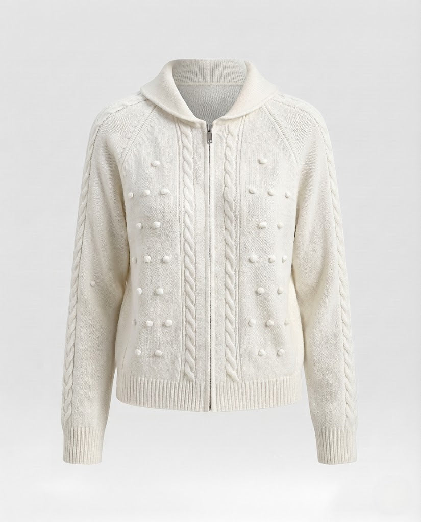 Damen Kapuzen-Strickjacke mit Zopfmuster, Bobble-Struktur und Metallreißverschluss Echo Archiv