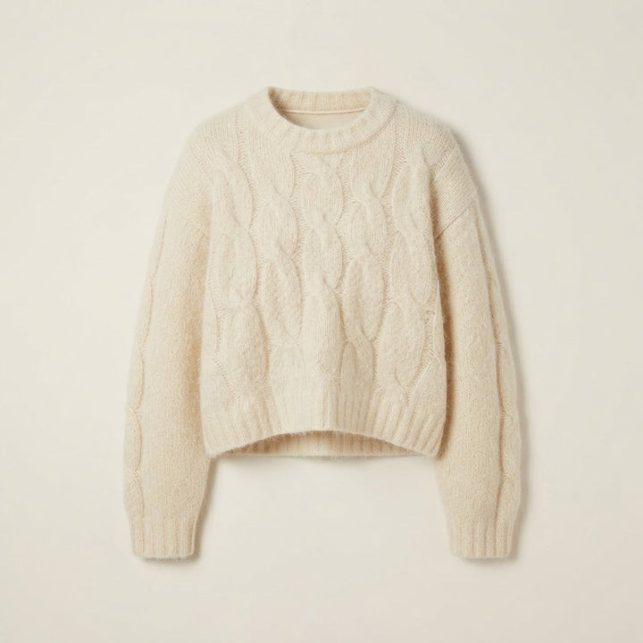 Damen Kurzgeschnittener flauschiger Mohair‑Optik Pullover mit Ballonärmeln und Zopfmuster Echo Archiv