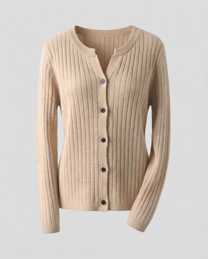 Damen Gestrickter Rippen-Cardigan mit dezentem V-Ausschnitt und Knopfleiste Echoarchiv