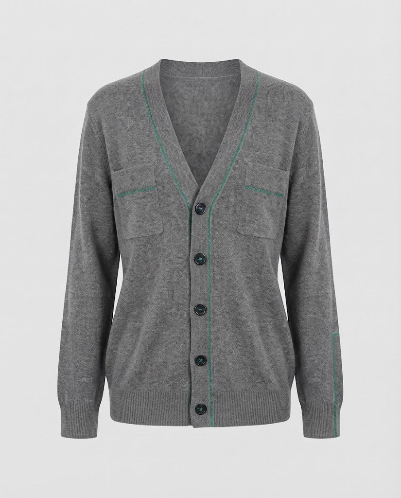 Damen Feiner V-Ausschnitt-Cardigan aus softem Wollmix mit Kontrastnaht Echoarchiv