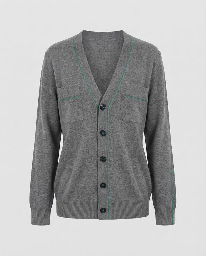Damen Feiner V-Ausschnitt-Cardigan aus softem Wollmix mit Kontrastnaht Echoarchiv
