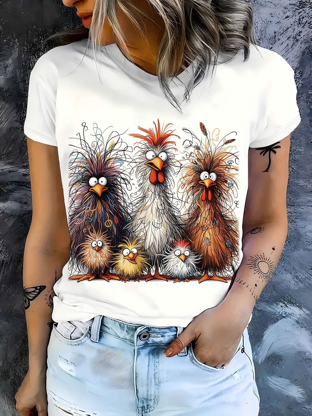 Echoarchiv | Damen T-Shirt Sommershirt mit Hühnerdruck, Rundhalsausschnitt, Kurze Ärmel, Lässig und Komfortabel