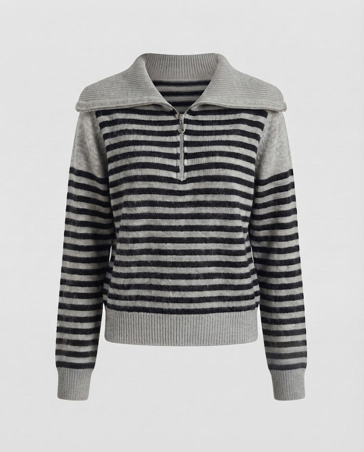 Damen Gestreifter Kurzpullover aus flauschigem Mohair‑Look mit halbem Reißverschluss und überlappendem Kragen Echoarchiv