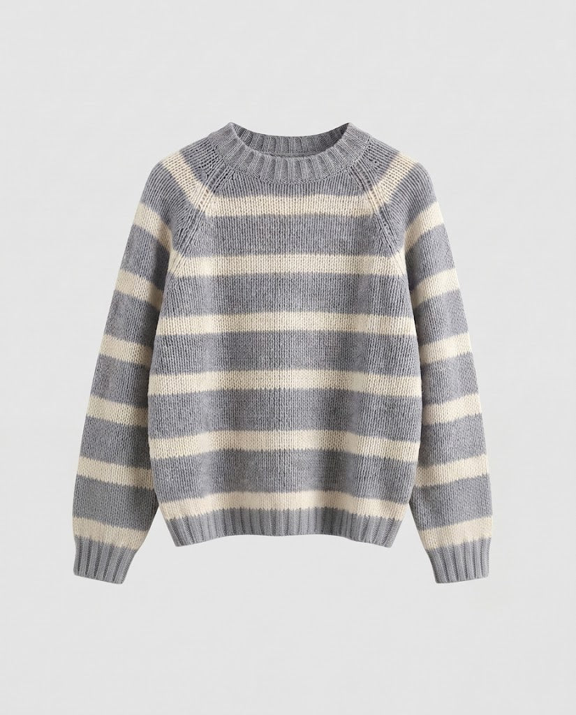 Damen Gestreifter Boxy-Strickpullover mit grober Masche und Rundhalsausschnitt Echo Archiv