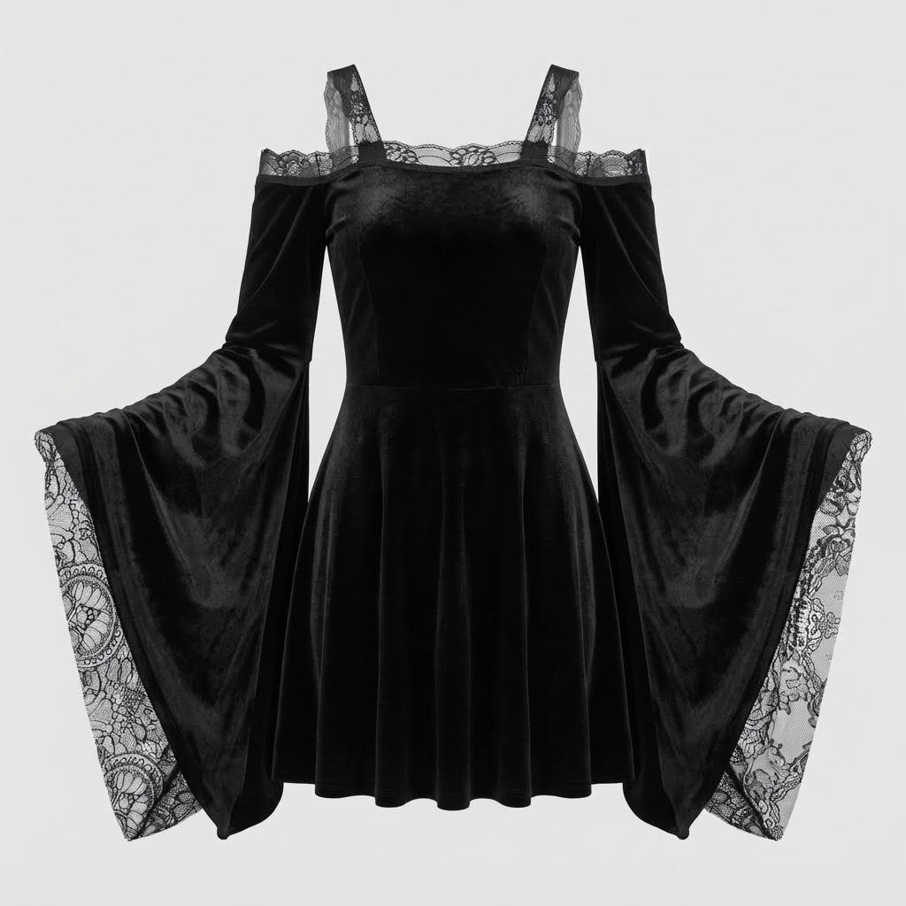 Damen Gothic-Kleid mit Spitzenärmeln und schwingendem Rock Echo Archiv