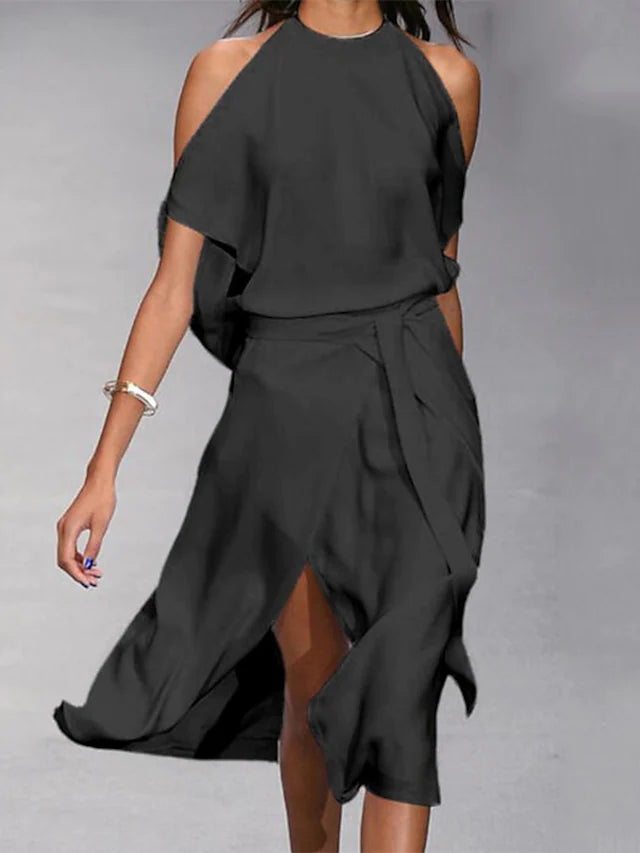 Echoarchiv | Midi Kleid Off Shoulder Wickelstil Mit Frontschlitz Elegante Fließende Passform