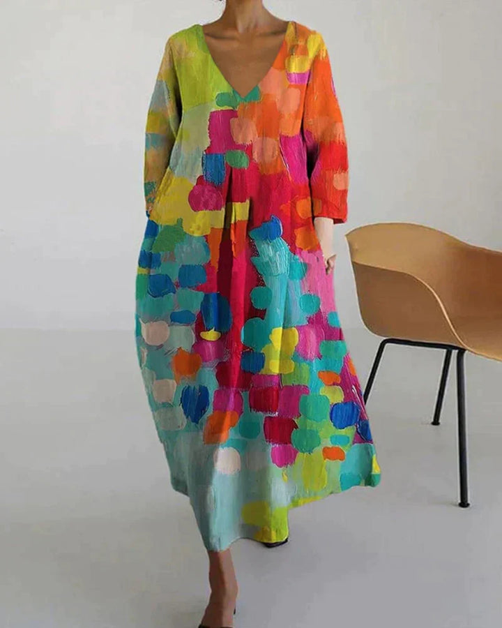 Echoarchiv | Bunt Bedrucktes Kleid Mit V-Ausschnitt