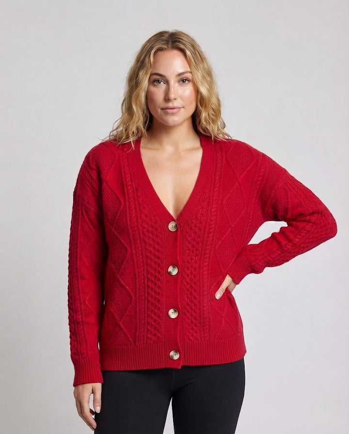 Damen Feiner Wollmix-Cardigan mit Zopfmuster, V‑Ausschnitt und Perlmuttknöpfen Echoarchiv