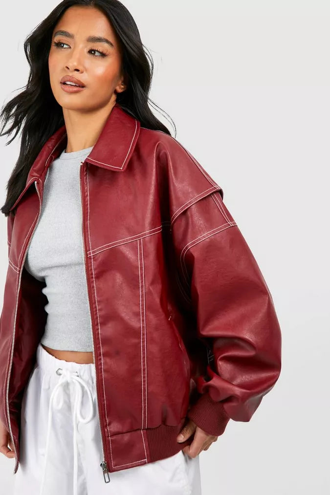Echoarchiv | Damen Oversized Lederjacke Rot