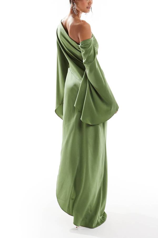 Echoarchiv | Zayla Satin Asymmetrisches Ein Schulter Glockenärmel Schlitz Maxi Kleid