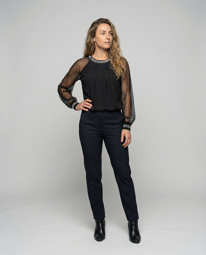 Echoarchiv Damen Mesh-Bluse mit Strassbesatz und transparenten Ärmeln