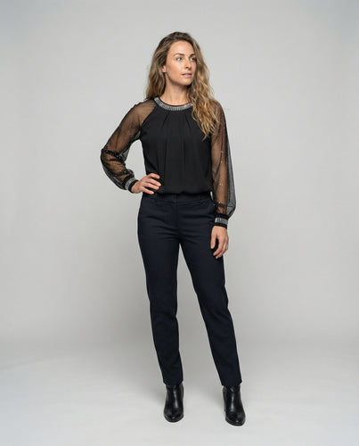 Echoarchiv Damen Mesh-Bluse mit Strassbesatz und transparenten Ärmeln