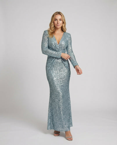 Give Em' Glam Paillettenkleid mit Langen Ärmeln und Gekreuztem Taillendetail Abend-Maxikleid – Valéora