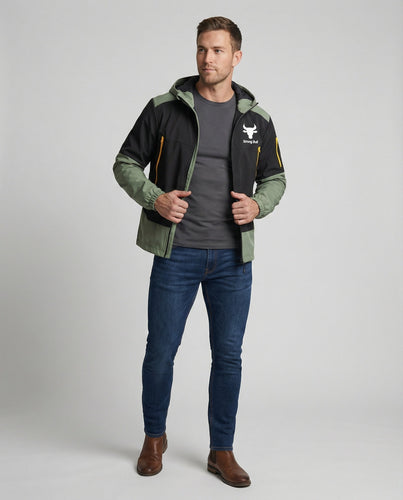 Echoarchiv | Herrenjacke mit Reißverschluss, Kapuze und Farbblockdesign