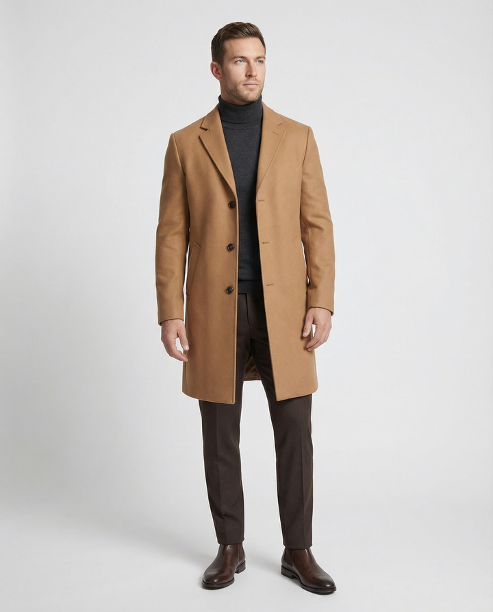 Herren eleganter Wollmantel mit klassischem Revers und praktischen Taschen Echoarchiv