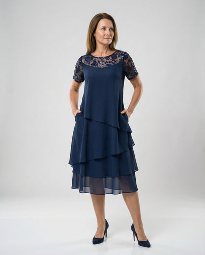 Damen Elegantes Schichtkleid mit Spitzenärmel und asymmetrischem Saum Echoarchiv