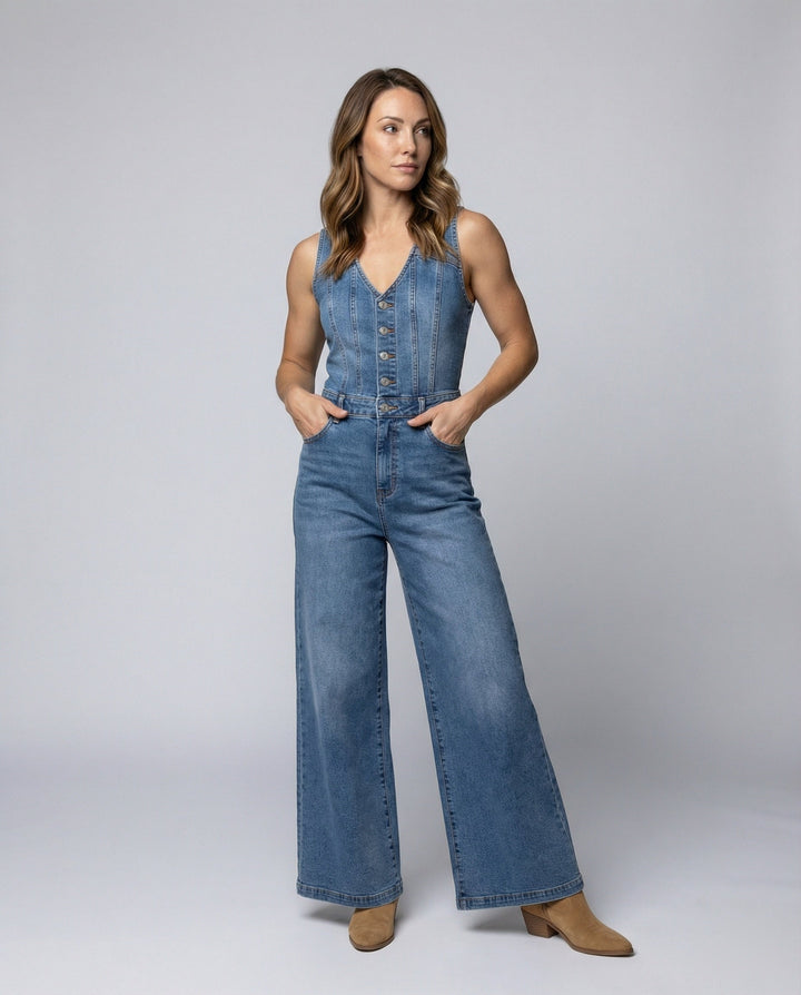 Damen Jumpsuit mit weit geschnittenen Beinen und eleganter Knopfleiste Echoarchiv