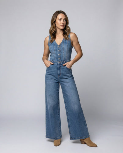 Damen Jumpsuit mit weit geschnittenen Beinen und eleganter Knopfleiste Echoarchiv