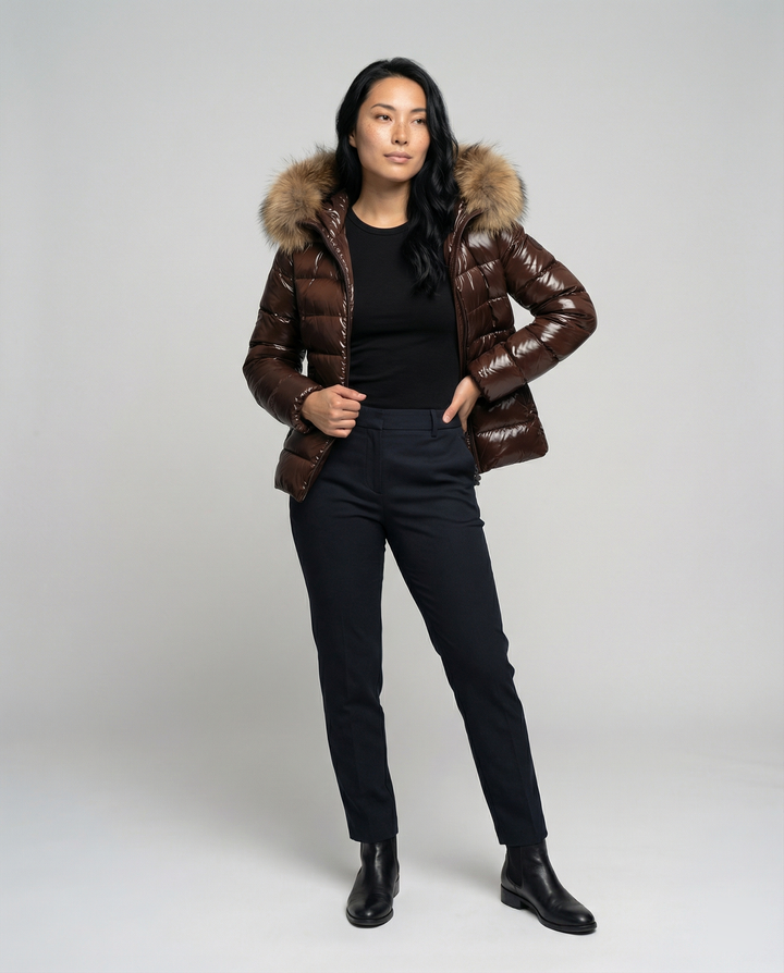 Damen Winterdaunenjacke mit abnehmbarer Kapuze und luxuriösem Fellkragen Echoarchiv