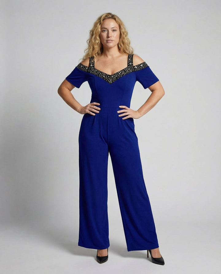 Eleganter Damen Jumpsuit mit Schulterfreiem Schnitt & Glitzerndem Dekolleté für Party & Events | Echoarchiv