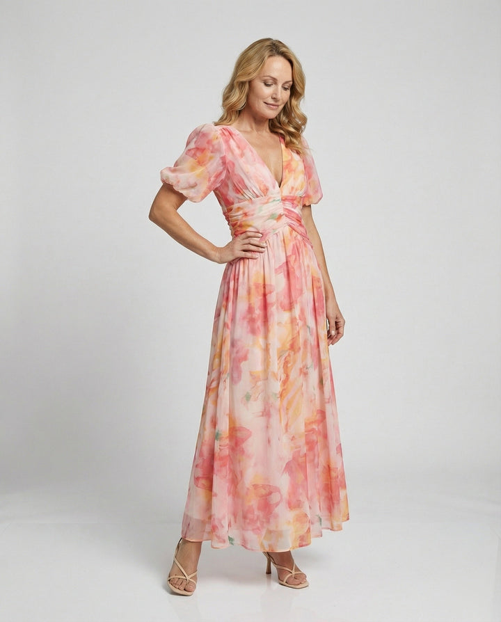Damen Wickel-Maxikleid mit Puffärmeln – Valéora