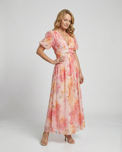 Damen Wickel-Maxikleid mit Puffärmeln – Valéora