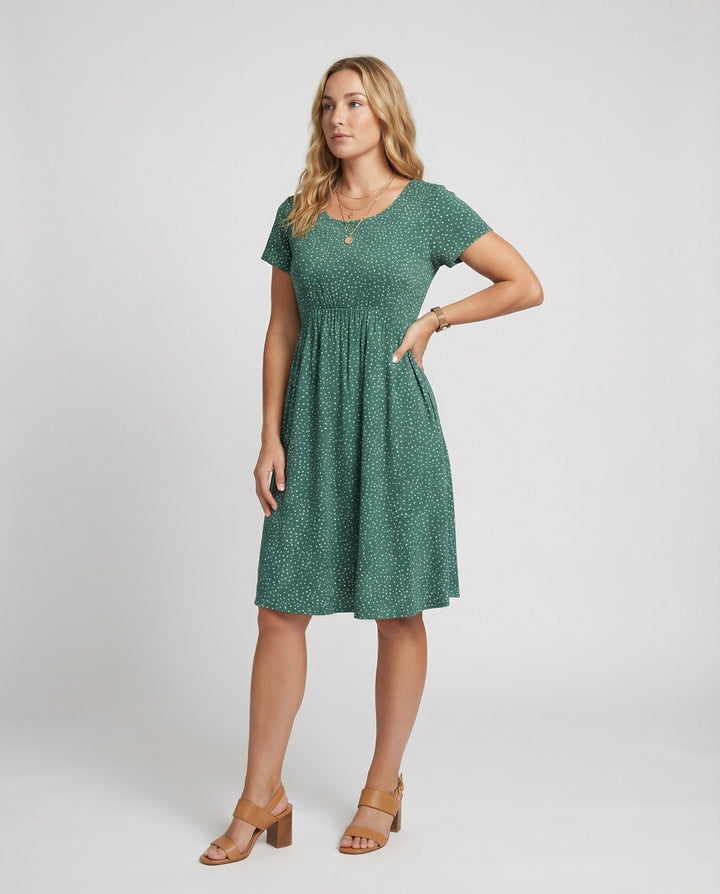 Damen Elegantes Grünes Midikleid mit Punktmuster & Kurzen Ärmeln | Echoarchiv