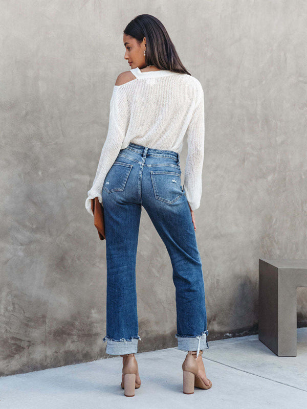 Echoarchiv | Damen Denim Gewaschene Hochbund Modische Lässige Design Taillenzughose