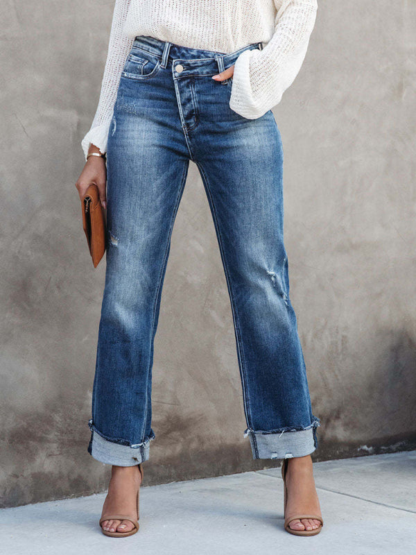 Echoarchiv | Damen Denim Gewaschene Hochbund Modische Lässige Design Taillenzughose