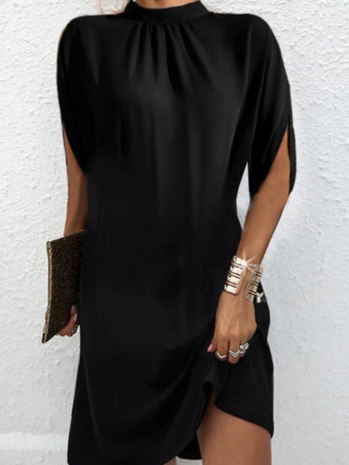 Basic-Kleid mit Mock Neck und kurzen Schlitzärmeln – Élara