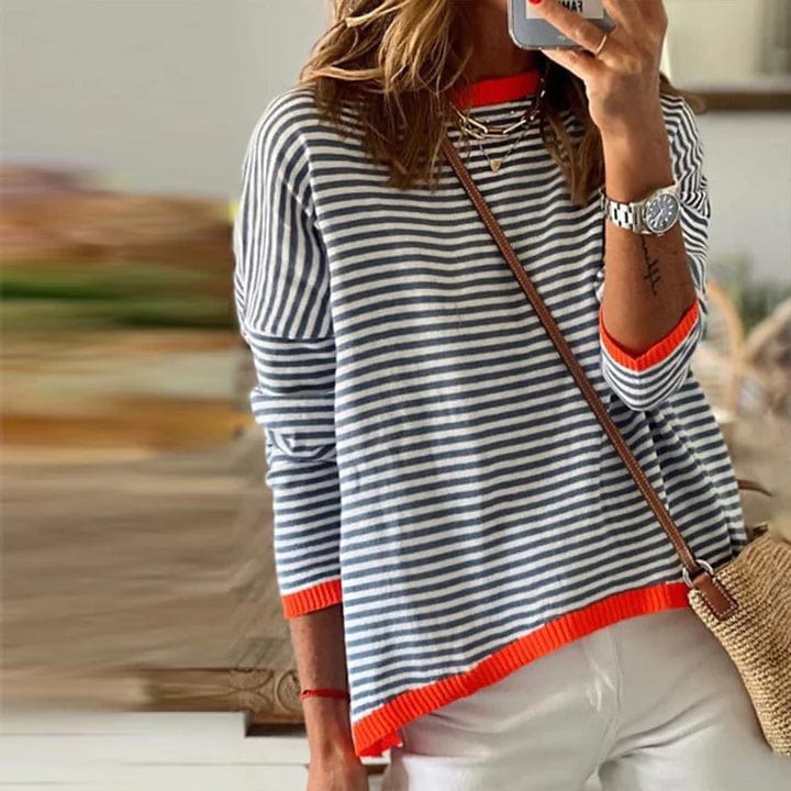 Blau Gestreifter Pullover Mit orangefarbenem Rand – Veloura